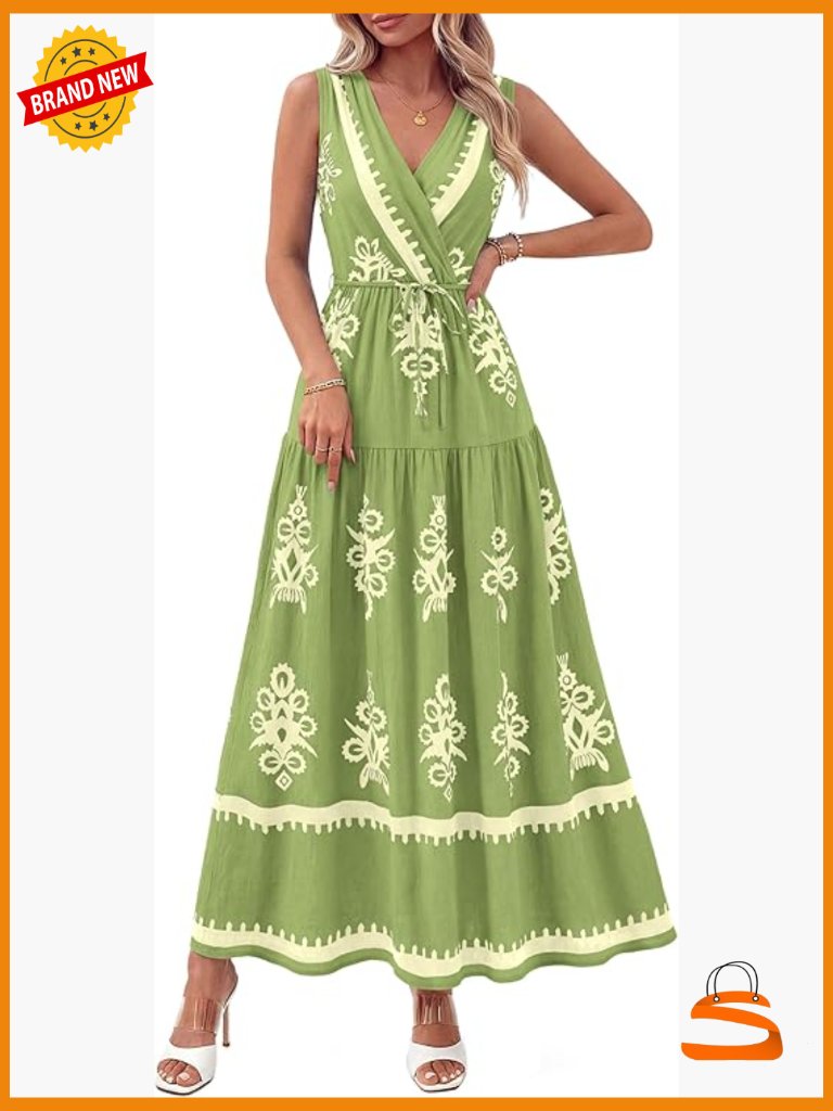 Sleeveless V-Neck Floral Maxi Dress With Belt & Pockets